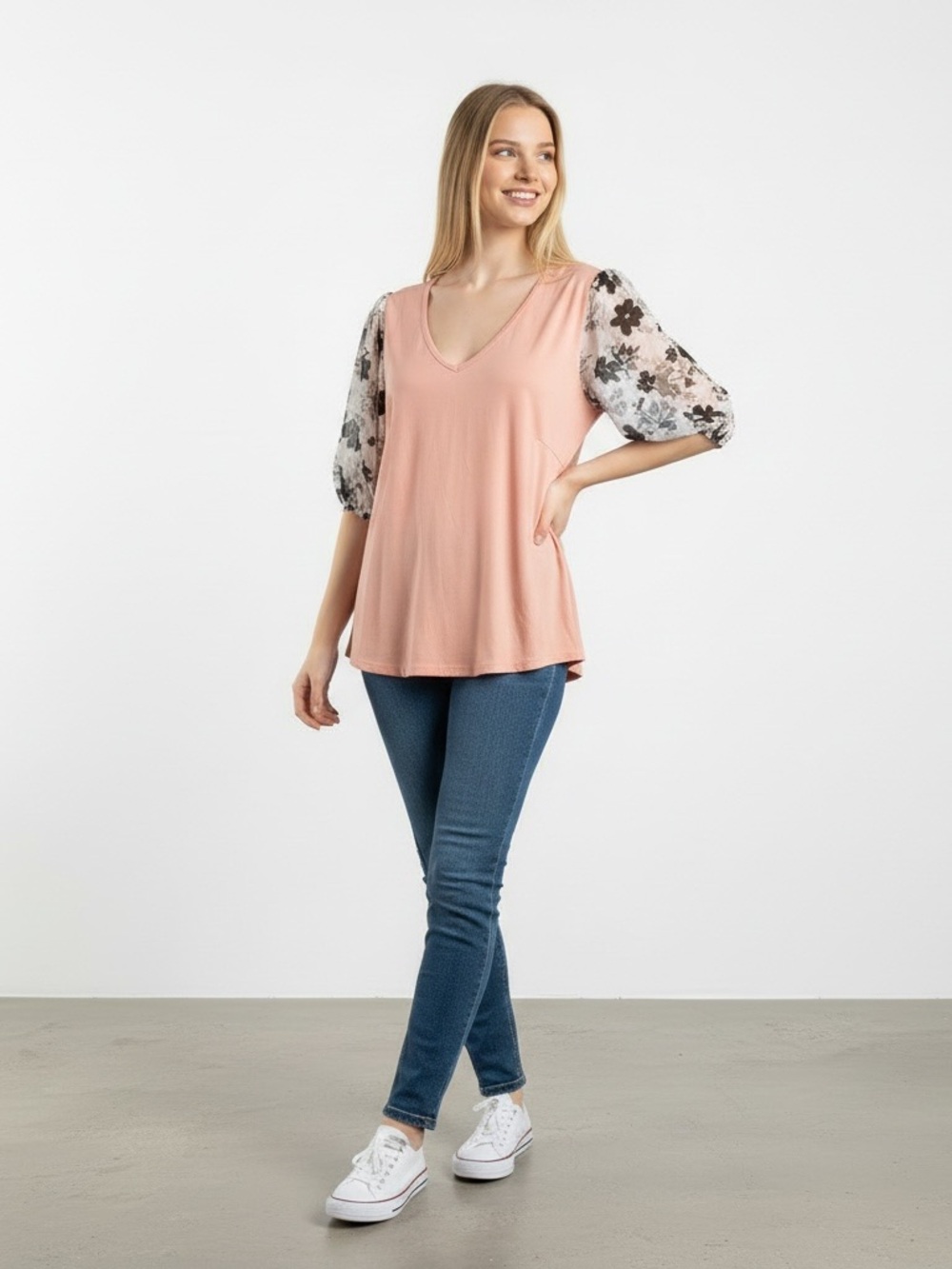 V-Neck Peach Top with Floral Puff Sleeves